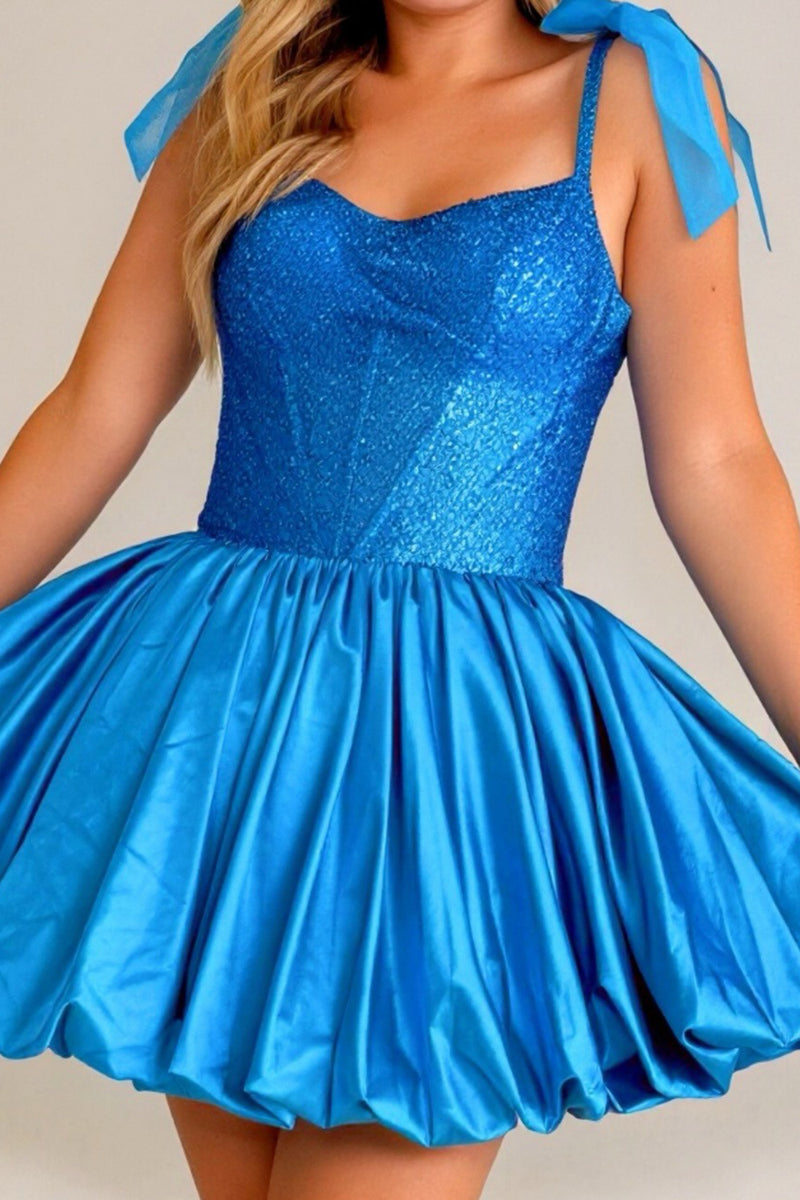 Load image into Gallery viewer, Sparkly Blue Corset A Line Spaghetti Straps Short Cocktail Dress with Bows