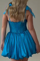 Load image into Gallery viewer, Sparkly Blue Corset A Line Spaghetti Straps Short Cocktail Dress with Bows