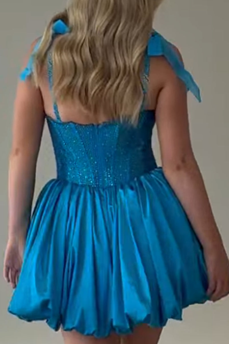 Load image into Gallery viewer, Sparkly Blue Corset A Line Spaghetti Straps Short Cocktail Dress with Bows