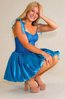 Load image into Gallery viewer, Sparkly Blue Corset A Line Spaghetti Straps Short Cocktail Dress with Bows