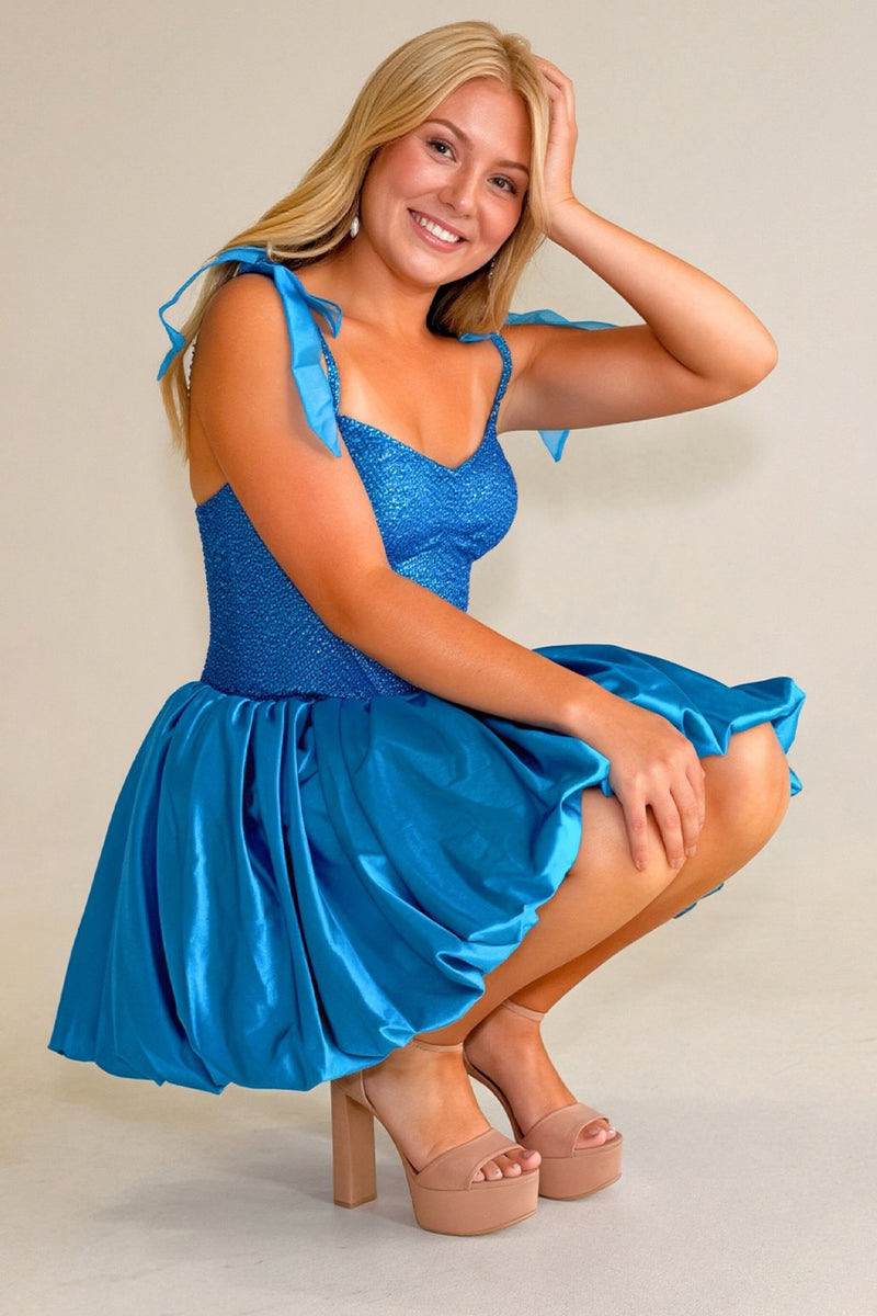 Load image into Gallery viewer, Sparkly Blue Corset A Line Spaghetti Straps Short Cocktail Dress with Bows