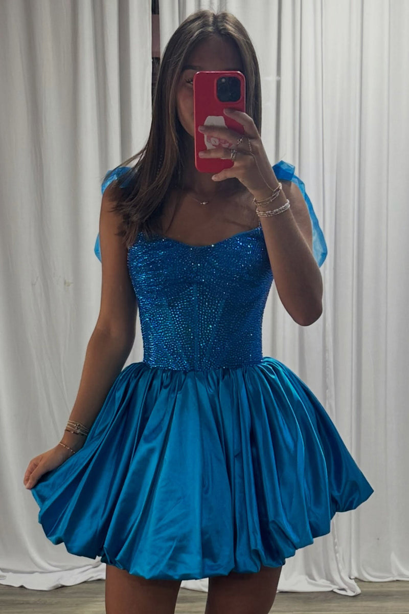 Load image into Gallery viewer, Sparkly Blue Corset A Line Spaghetti Straps Short Cocktail Dress with Bows