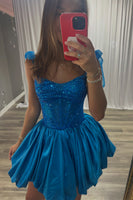 Load image into Gallery viewer, Sparkly Blue Corset A Line Spaghetti Straps Short Cocktail Dress with Bows