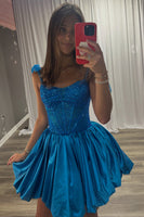 Load image into Gallery viewer, Sparkly Blue Corset A Line Spaghetti Straps Short Cocktail Dress with Bows