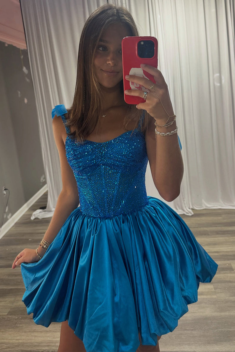 Load image into Gallery viewer, Sparkly Blue Corset A Line Spaghetti Straps Short Cocktail Dress with Bows