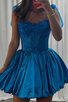 Load image into Gallery viewer, Sparkly Blue Corset A Line Spaghetti Straps Short Cocktail Dress with Bows