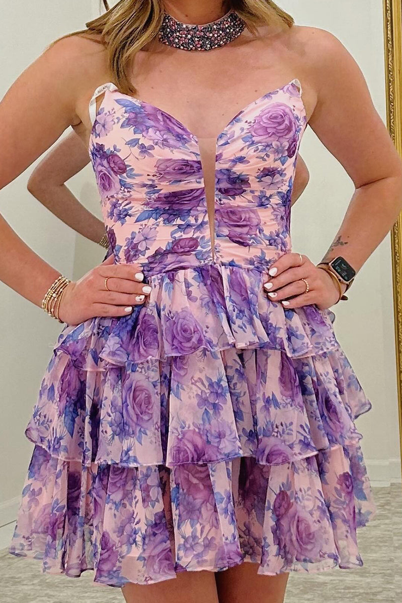 Load image into Gallery viewer, Floral White Pink Printed Sweetheart Ruffled Short Cocktail Dress