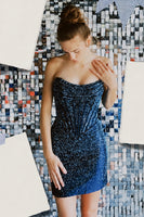 Load image into Gallery viewer, Sparkly Navy Corset Tight Beaded Strapless Mini Cocktail Dress