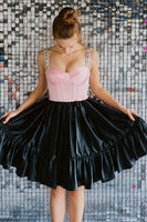 Load image into Gallery viewer, Black and Pink Corset A Line Thick Straps Short Cocktail Dress with Ruffled Hem