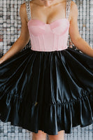 Load image into Gallery viewer, Black and Pink Corset A Line Thick Straps Short Cocktail Dress with Ruffled Hem
