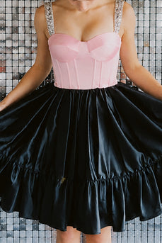 Black and Pink Corset A Line Thick Straps Short Cocktail Dress with Ruffled Hem