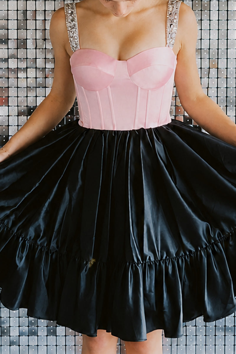 Load image into Gallery viewer, Black and Pink Corset A Line Thick Straps Short Cocktail Dress with Ruffled Hem