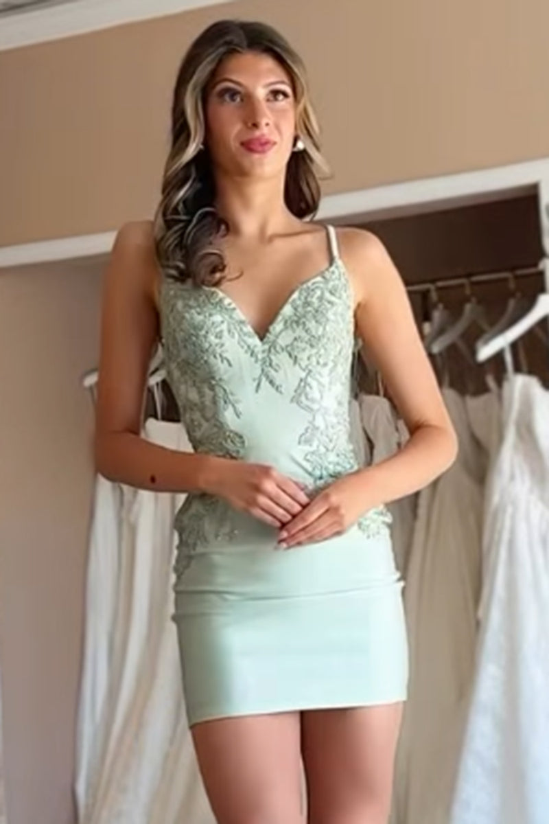 Load image into Gallery viewer, Floral Sage Green Bodycon Spaghetti Straps Short Cocktail Dress with Bow