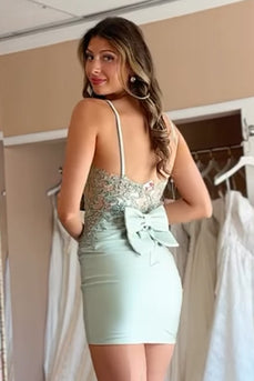 Floral Sage Green Bodycon Spaghetti Straps Short Cocktail Dress with Bow
