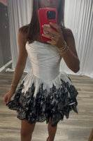 Load image into Gallery viewer, White Strapless A Line Ruched Short Cocktail Dress with Lace