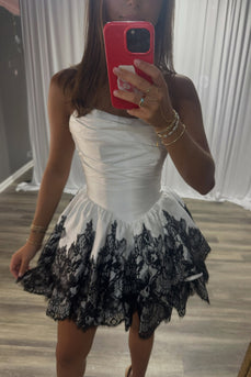White Strapless A Line Ruched Short Cocktail Dress with Lace