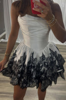 Load image into Gallery viewer, White Strapless A Line Ruched Short Cocktail Dress with Lace