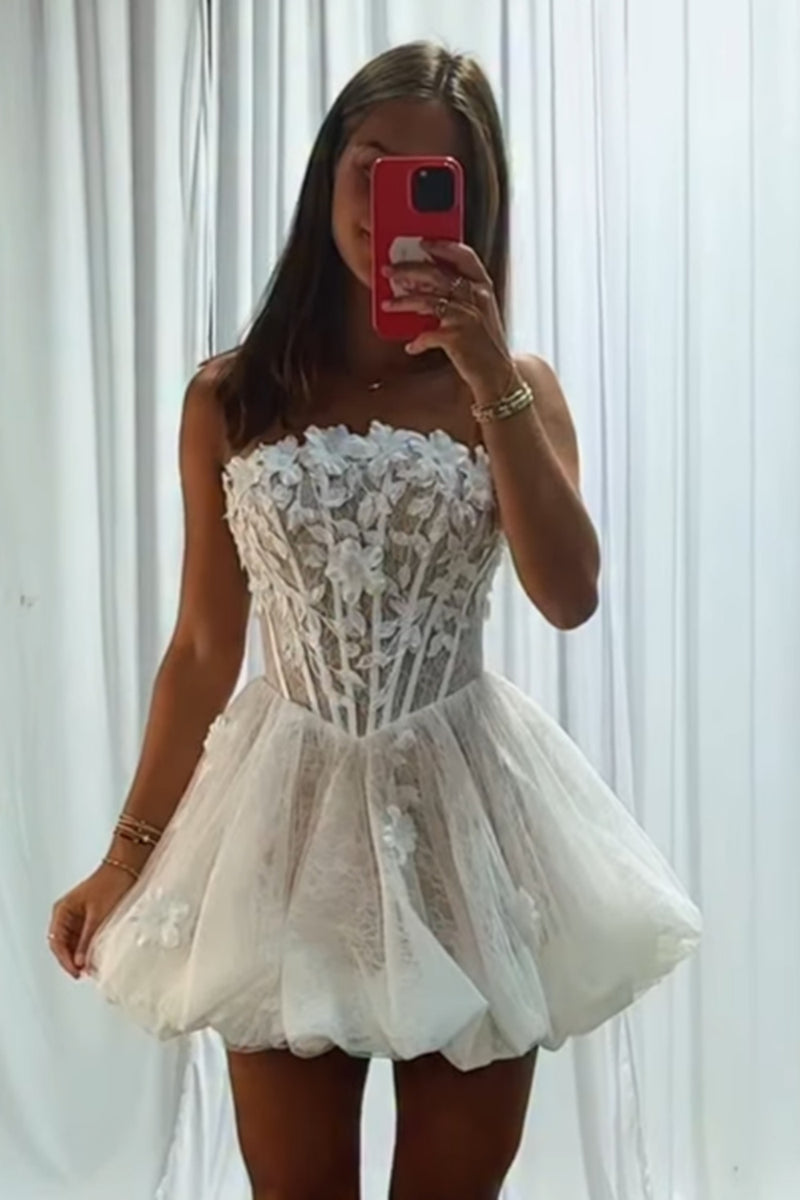 Load image into Gallery viewer, Floral White Corset Strapless A Line Short Cocktail Dress