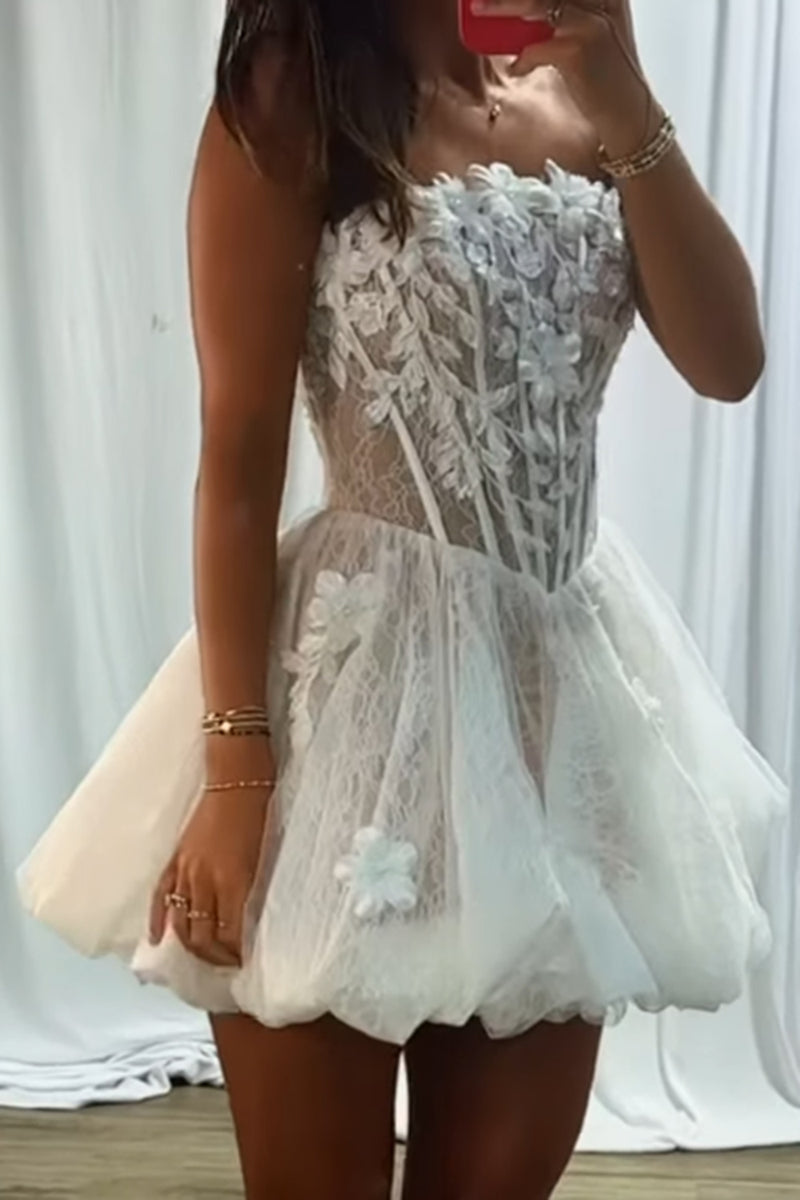 Load image into Gallery viewer, Floral White Corset Strapless A Line Short Cocktail Dress