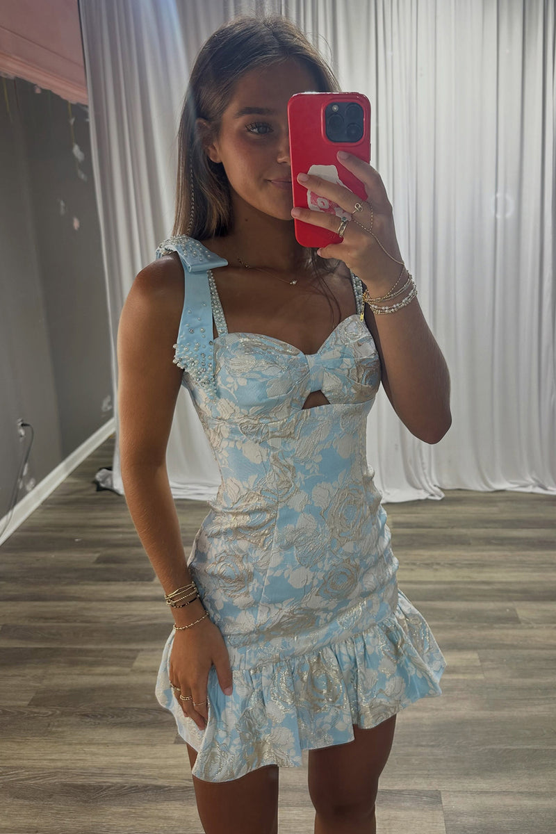 Load image into Gallery viewer, Sparkly Light Blue Bow Straps Bodycon Short Cocktail Dress with Beading