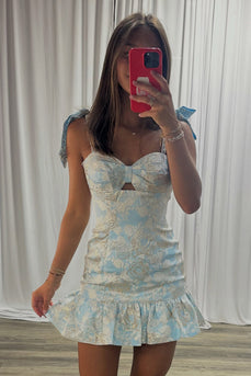 Sparkly Light Blue Bow Straps Bodycon Short Cocktail Dress with Beading
