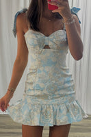 Load image into Gallery viewer, Sparkly Light Blue Bow Straps Bodycon Short Cocktail Dress with Beading