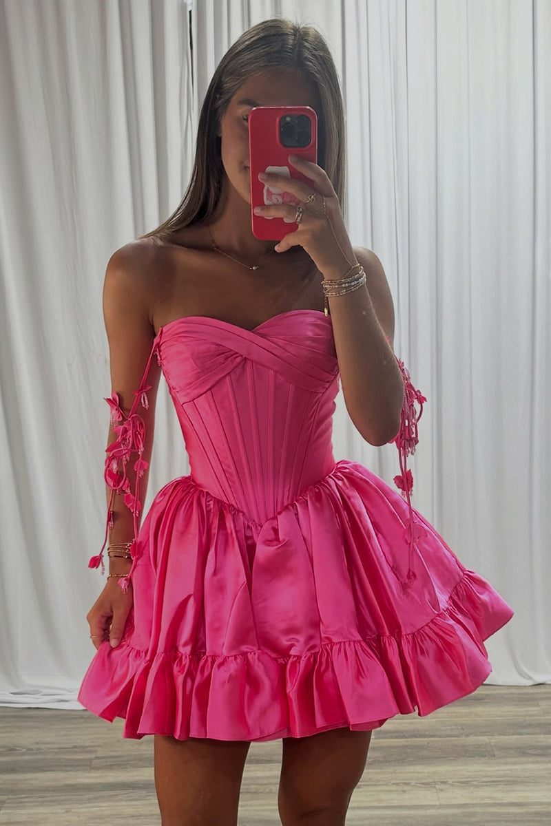 Load image into Gallery viewer, Hot Pink Flroal Corset A Line Strapless Ruched Mini Cocktail Dress