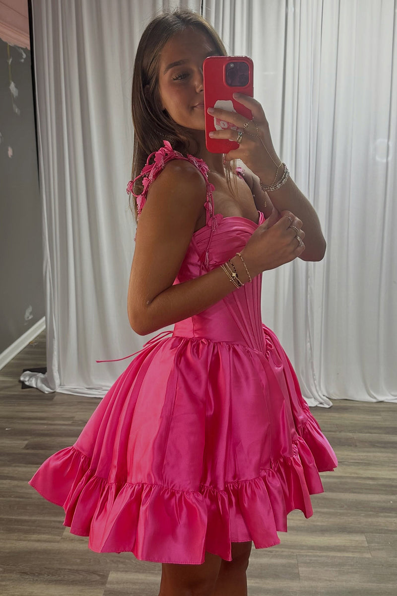 Load image into Gallery viewer, Hot Pink Flroal Corset A Line Strapless Ruched Mini Cocktail Dress