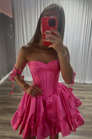 Load image into Gallery viewer, Hot Pink Flroal Corset A Line Strapless Ruched Mini Cocktail Dress