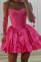 Load image into Gallery viewer, Hot Pink Flroal Corset A Line Strapless Ruched Mini Cocktail Dress