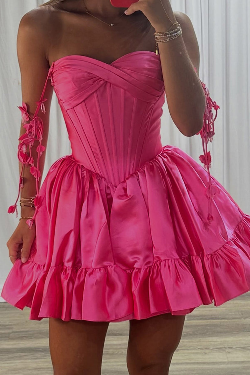 Load image into Gallery viewer, Hot Pink Flroal Corset A Line Strapless Ruched Mini Cocktail Dress