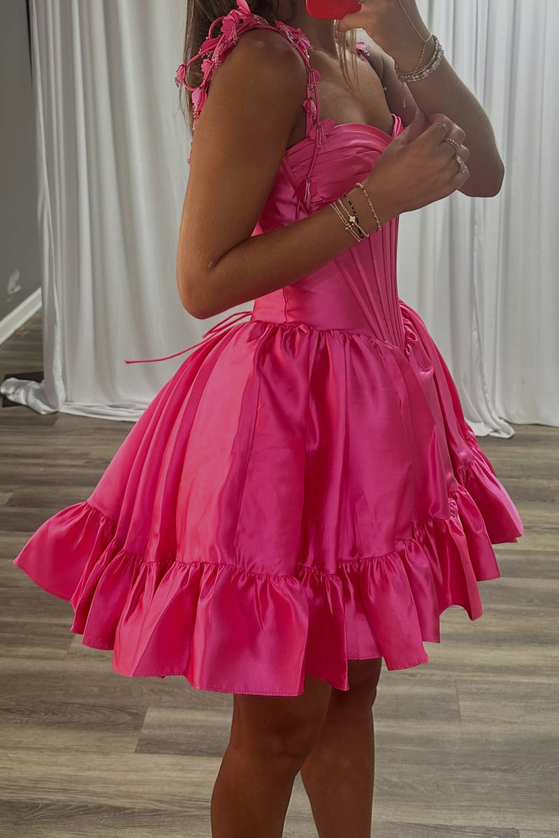 Load image into Gallery viewer, Hot Pink Flroal Corset A Line Strapless Ruched Mini Cocktail Dress