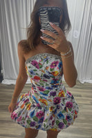 Load image into Gallery viewer, White Strapless A Line Floral Sparkly Short Cocktail Dress with Rhinestones