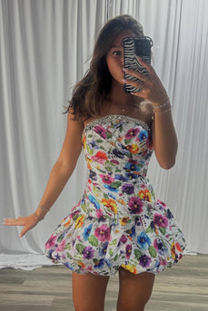 White Strapless A Line Floral Sparkly Short Cocktail Dress with Rhinestones