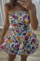 Load image into Gallery viewer, White Strapless A Line Floral Sparkly Short Cocktail Dress with Rhinestones