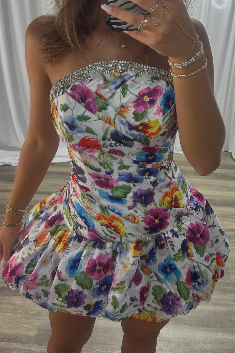 Load image into Gallery viewer, White Strapless A Line Floral Sparkly Short Cocktail Dress with Rhinestones