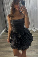 Load image into Gallery viewer, Black Ruched A Line Strapless Mini Cocktail Dress with 3D Flowers