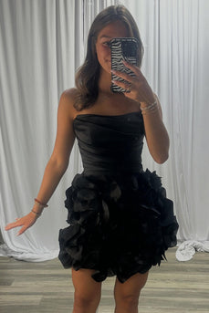 Black Ruched A Line Strapless Mini Cocktail Dress with 3D Flowers
