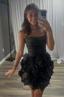Load image into Gallery viewer, Black Ruched A Line Strapless Mini Cocktail Dress with 3D Flowers