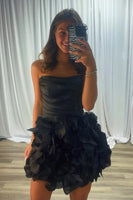 Load image into Gallery viewer, Black Ruched A Line Strapless Mini Cocktail Dress with 3D Flowers