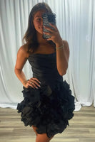 Load image into Gallery viewer, Black Ruched A Line Strapless Mini Cocktail Dress with 3D Flowers
