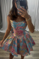 Load image into Gallery viewer, Blue Floral Corset Ruched A Line Short Cocktail Dress with Bow