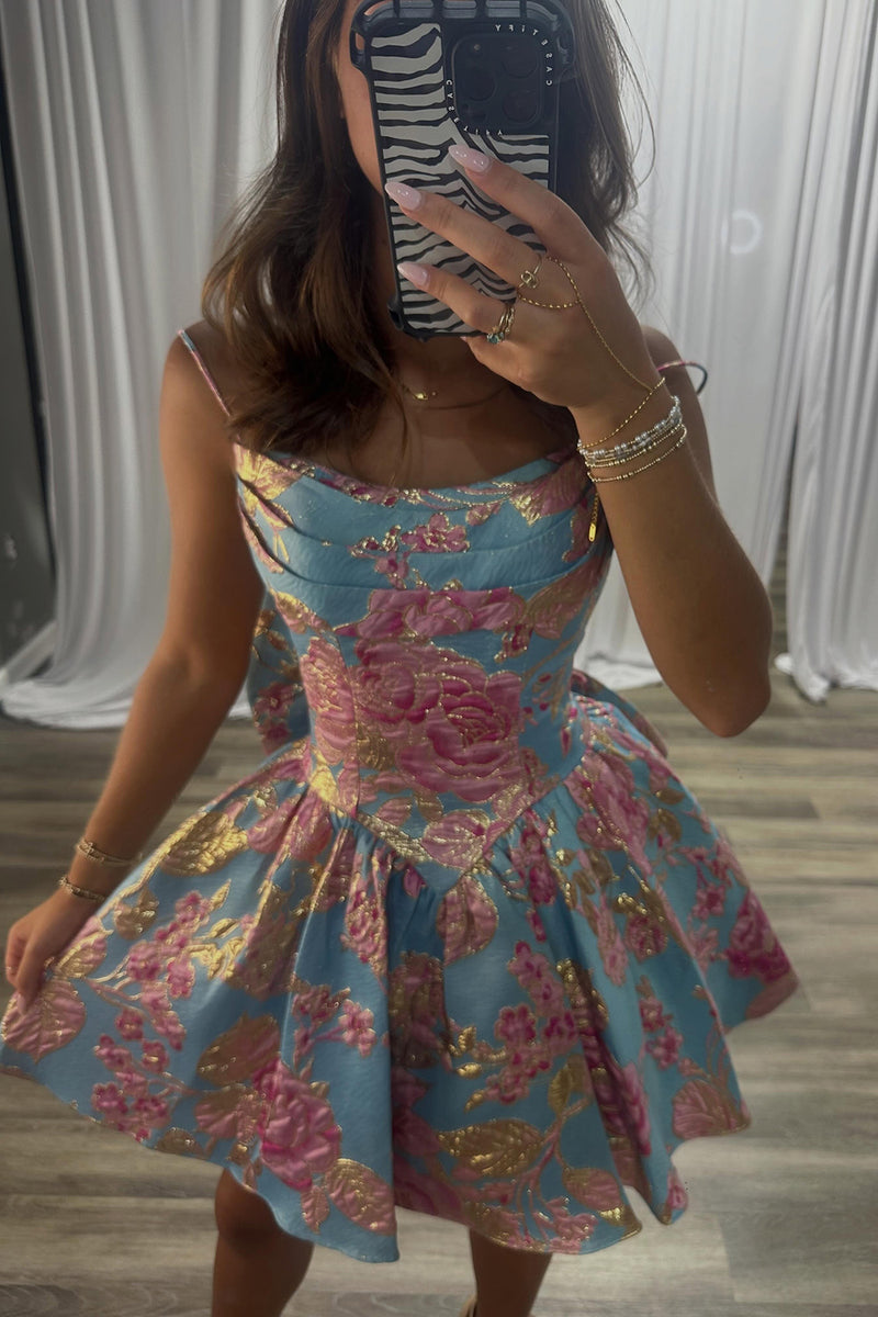 Load image into Gallery viewer, Blue Floral Corset Ruched A Line Short Cocktail Dress with Bow