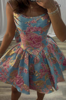 Load image into Gallery viewer, Blue Floral Corset Ruched A Line Short Cocktail Dress with Bow