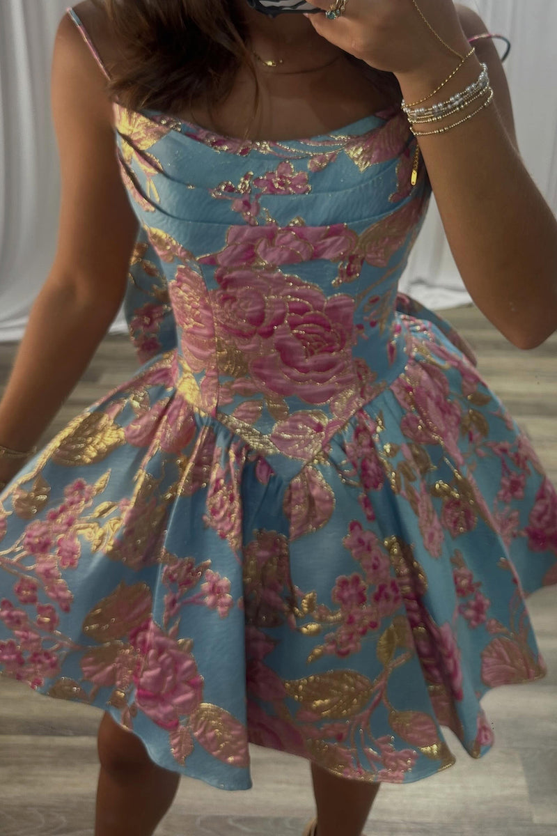 Load image into Gallery viewer, Blue Floral Corset Ruched A Line Short Cocktail Dress with Bow