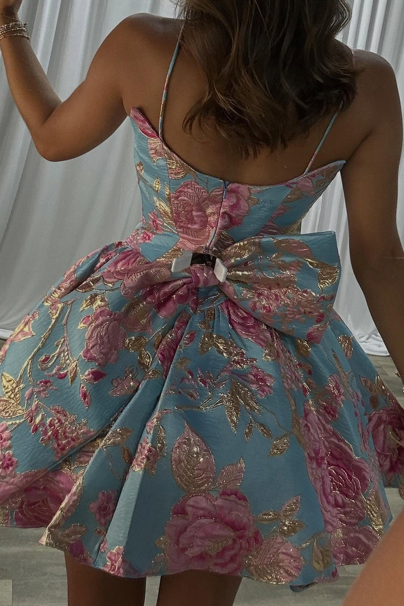 Load image into Gallery viewer, Blue Floral Corset Ruched A Line Short Cocktail Dress with Bow