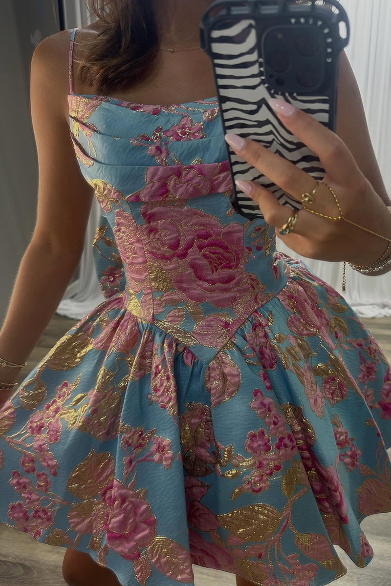 Load image into Gallery viewer, Blue Floral Corset Ruched A Line Short Cocktail Dress with Bow