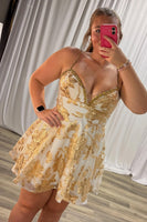 Load image into Gallery viewer, Sparkly Yellow A-Line Floral Spaghetti Straps Mini Cocktail Dress