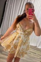 Load image into Gallery viewer, Sparkly Yellow A-Line Floral Spaghetti Straps Mini Cocktail Dress