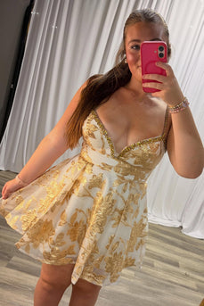 Sparkly Yellow A-Line Floral Spaghetti Straps Mini Cocktail Dress